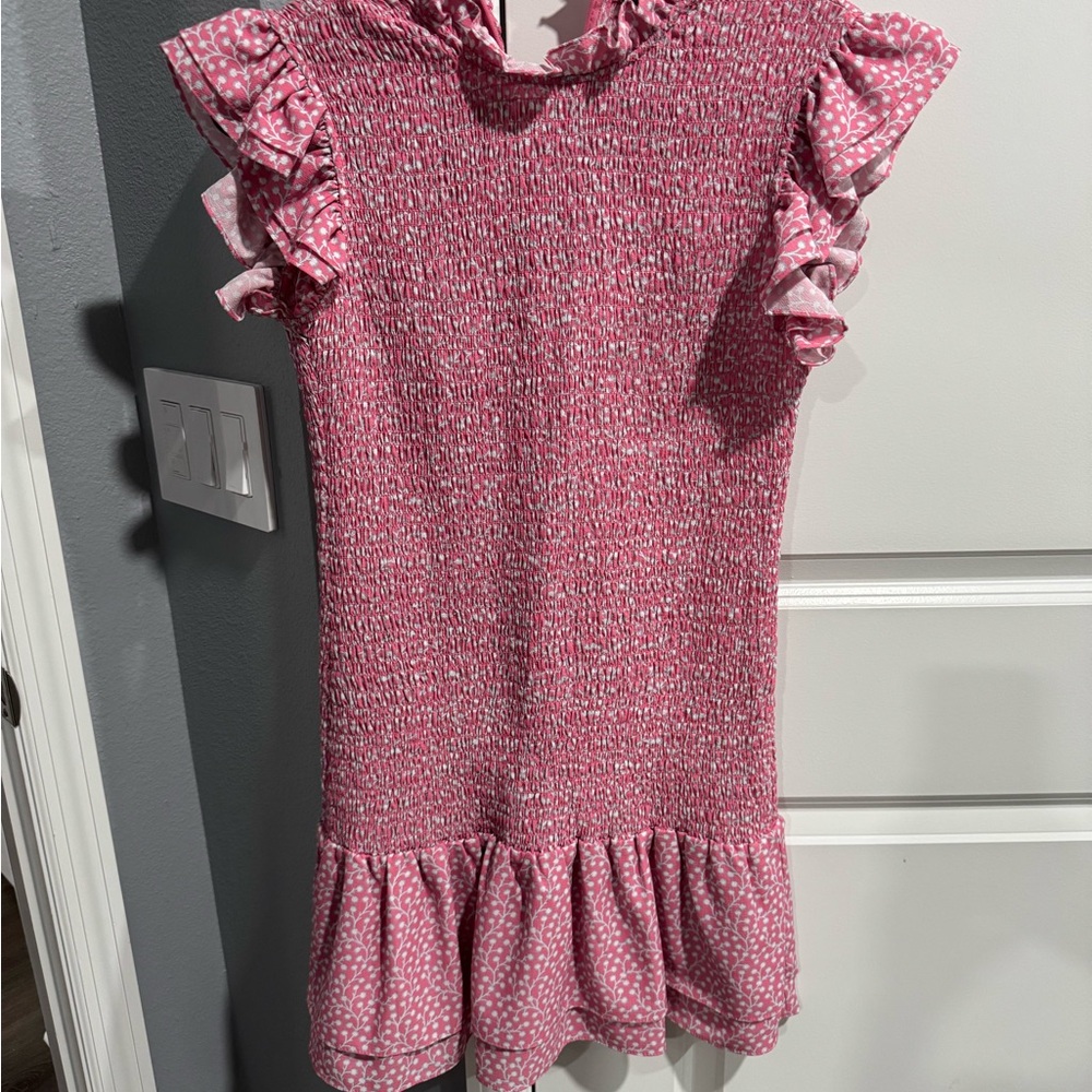 French Connection Pink Smocked Ruffled Mini Dress